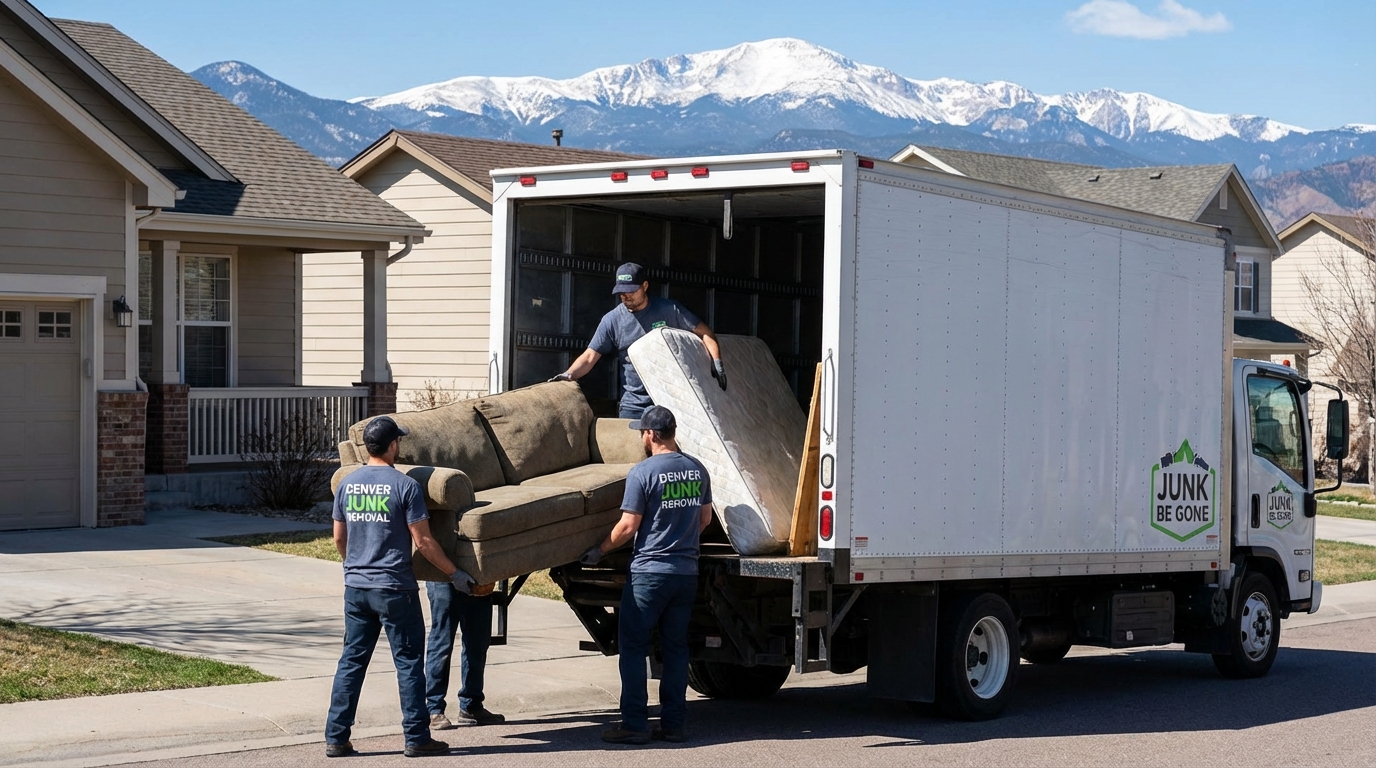 Professional junk removal crew loading truck in Denver