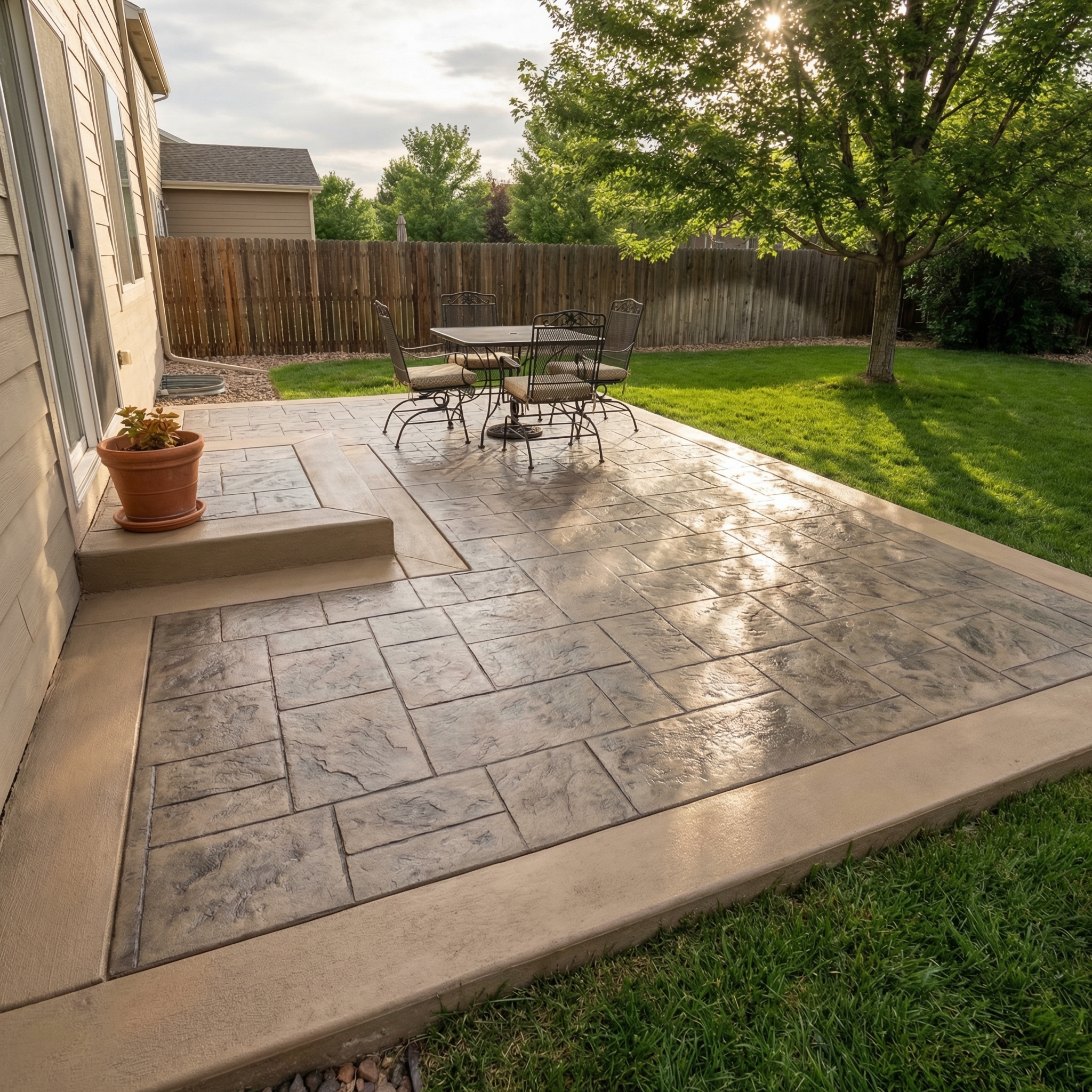 New stamped concrete patio with ashlar slate pattern in Parker