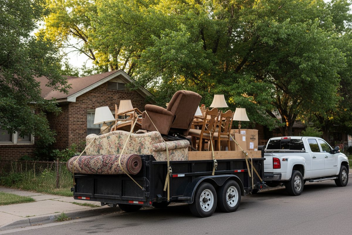Dump trailer loaded with estate furniture
