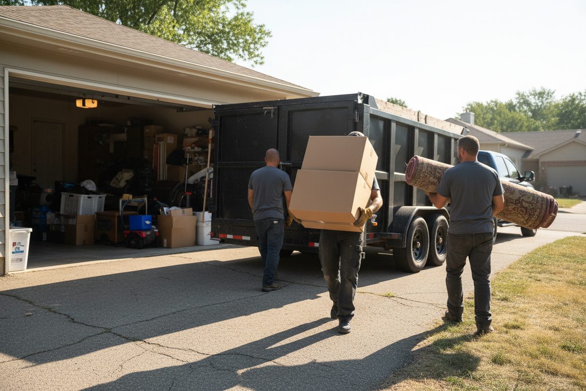 Crew carrying boxes and a rug out of a garage to a dump trailer